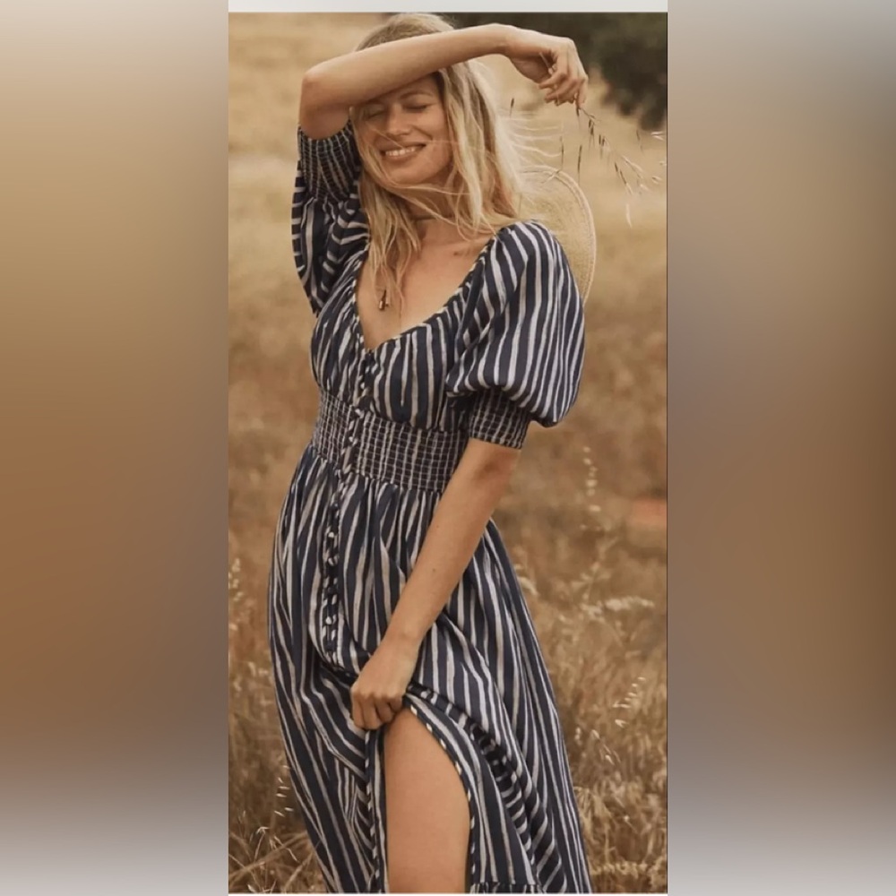 Anthropologie Long Sleeve Sweetheart Maxi Midi Dress Blue Motif